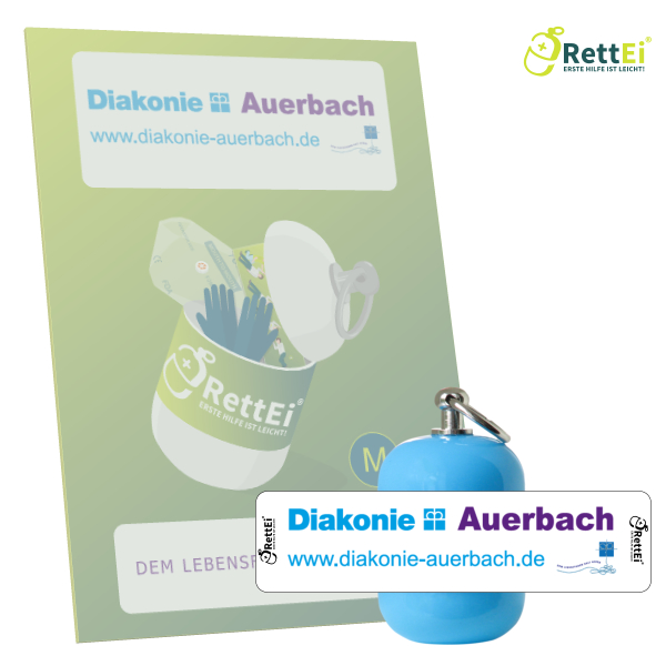Erste-Hilfe Schlüsselanhänger mit Beatmungstuch als Beatmungshilfe als RettEi-Diakonie Auerbach