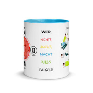 Motivtasse Prüfen-Rufen-Drücken in blau mit Herzlungenwiederbelebung und stabile Seitenlage