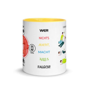Motivtasse in Gelb Prüfen-Rufen-Drücken in blau mit Herzlungenwiederbelebung und stabile Seitenlage