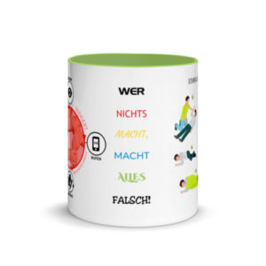 Motivtasse in Grün Prüfen-Rufen-Drücken in blau mit Herzlungenwiederbelebung und stabile Seitenlage
