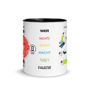 Motivtasse in Schwarz Prüfen-Rufen-Drücken in blau mit Herzlungenwiederbelebung und stabile Seitenlage