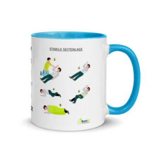 Motivtasse in Blau Prüfen-Rufen-Drücken in blau mit Herzlungenwiederbelebung und stabile Seitenlage