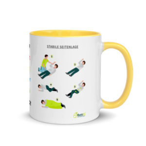 Motivtasse in Gelb Prüfen-Rufen-Drücken in blau mit Herzlungenwiederbelebung und stabile Seitenlage
