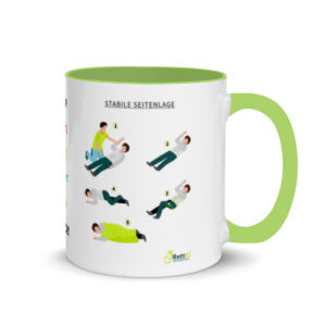 Motivtasse in Grün Prüfen-Rufen-Drücken in blau mit Herzlungenwiederbelebung und stabile Seitenlage