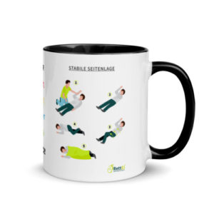 Motivtasse in Schwarz Prüfen-Rufen-Drücken in blau mit Herzlungenwiederbelebung und stabile Seitenlage