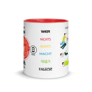 Motivtasse in Rot Prüfen-Rufen-Drücken in blau mit Herzlungenwiederbelebung und stabile Seitenlage