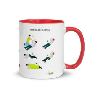Motivtasse in Rot Prüfen-Rufen-Drücken in blau mit Herzlungenwiederbelebung und stabile Seitenlage