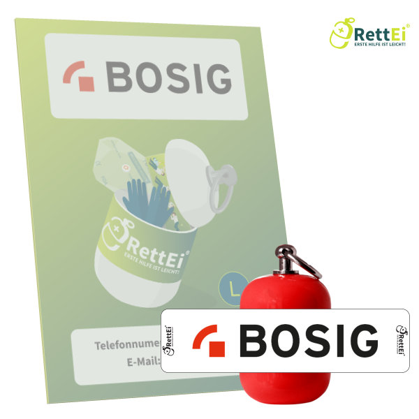 Erste-Hilfe Schlüsselanhänger mit Beatmungstuch als Beatmungshilfe von RettEi als Notfall-Set für Ersthelfer der BOSIG GmbH