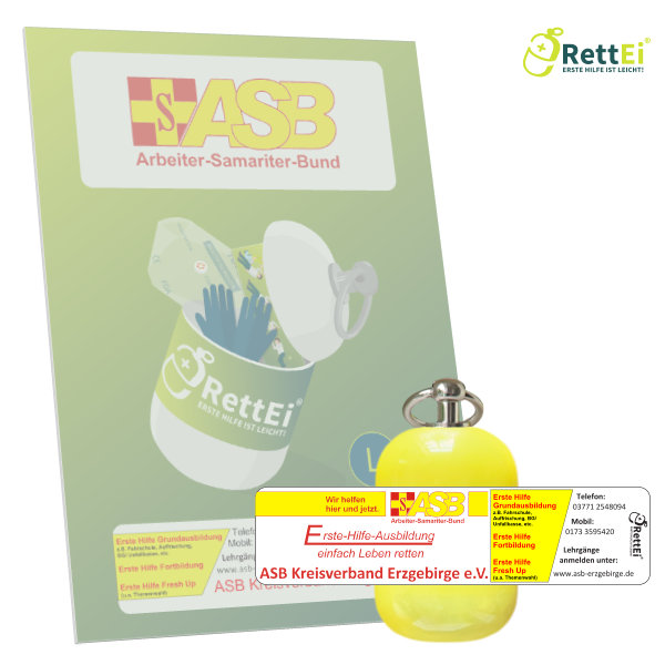 Erste Hilfe Schlüsselanhänger mit Beatmungstuch als Beatmungshilfe von RettEi für die Firma ASB KV Erzgebirge e.V.