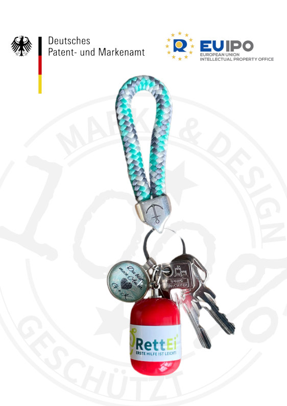 Erste-Hilfe Schlüsselanhänger mit Beatmungstuch als Notfallkapsel mit Schutzrechten beim DPMA und EUPIO