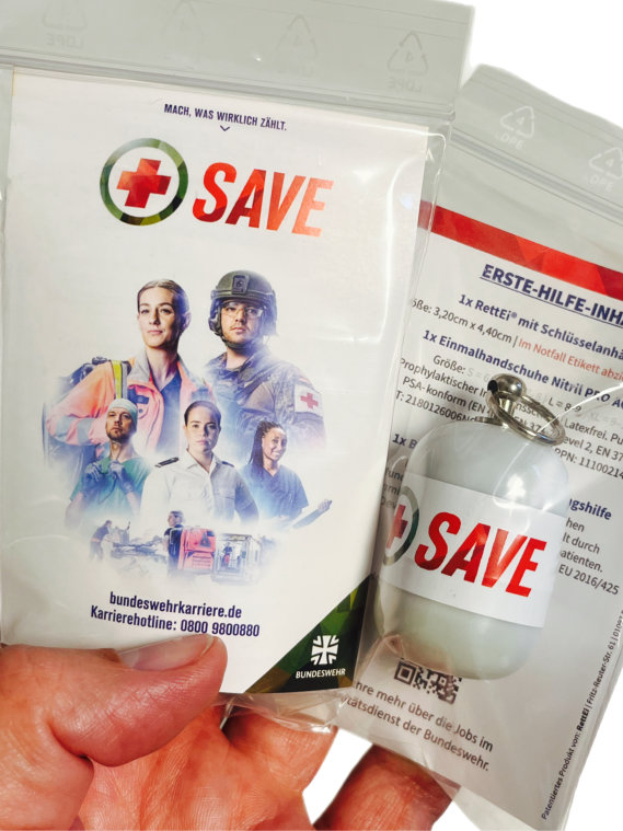 Die Bundeswehr ordert 25.000 RettEi als Erste-Hilfe Schlüsselanhänger für die Kampagne "SAVE".