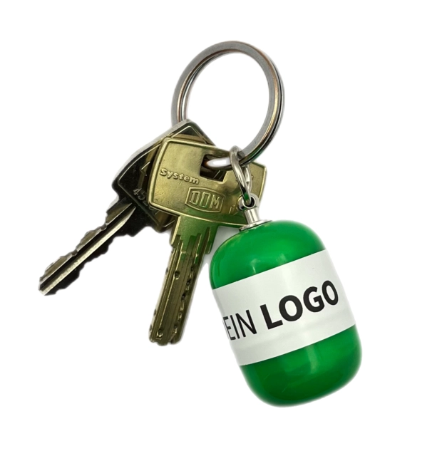 Erste-Hilfe Set als Streuartikel – ideal als Giveaway & personalisiertes Kundengeschenk – Notfallset mit Logo bedrucken lassen in grün am Schlüsselbund